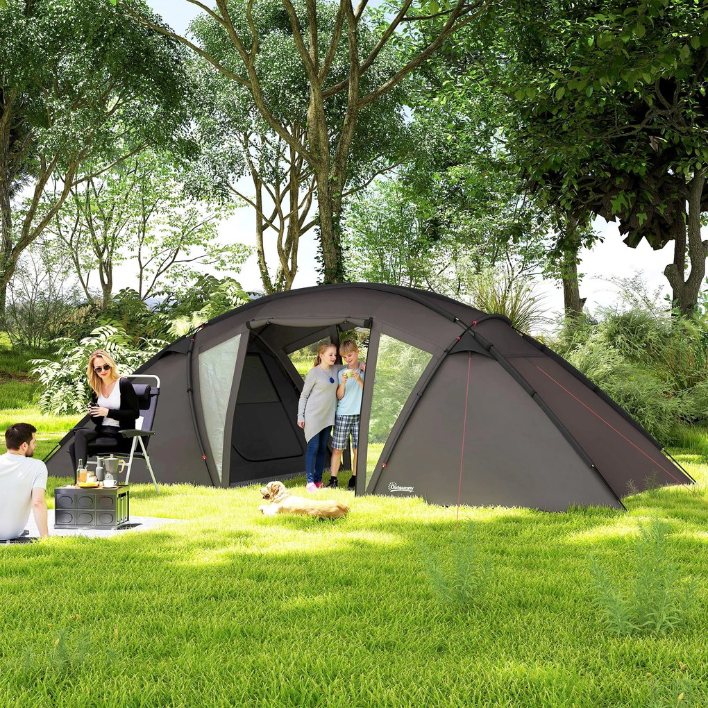 Outsunny Cort de camping familial pentru 4-6 persoane, cort tunel impermeabil 3000 mm cu 2 uși, sac de transport, negru | Aosom Romania