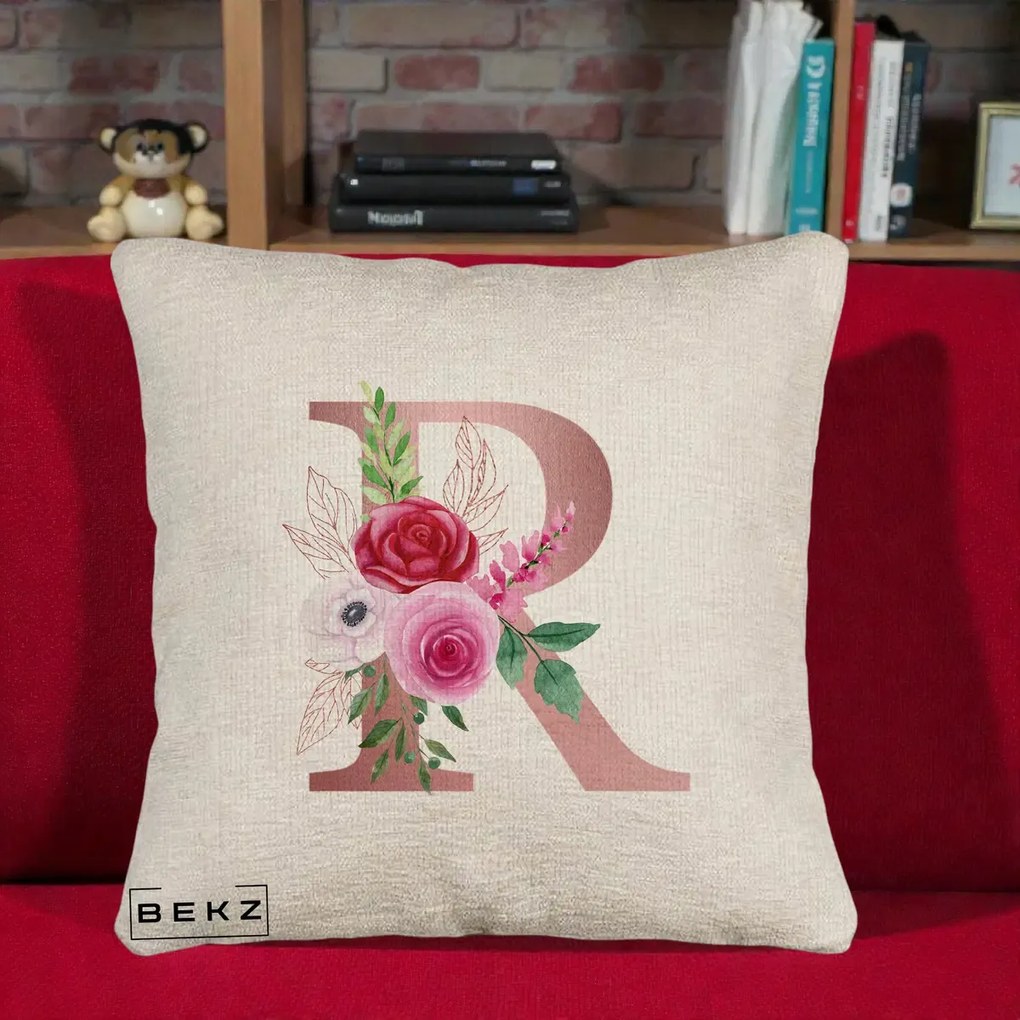 Cadou Personalizat - Perna Personalizata Monograma Rose Gold Litera R, 40x40 cm, Bej Canapea, Husa Detasabila, Perna Inclusa, BEKZ®