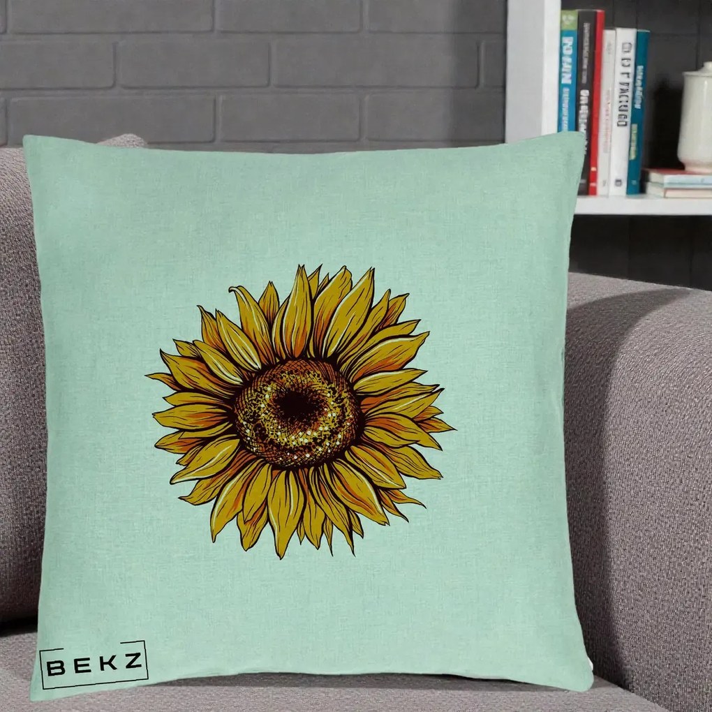 Perna Decorativa Floarea Soarelui Vibranta, 40x40 cm, Verde Menta, Husa Detasabila, Perna Inclusa, BEKZ®
