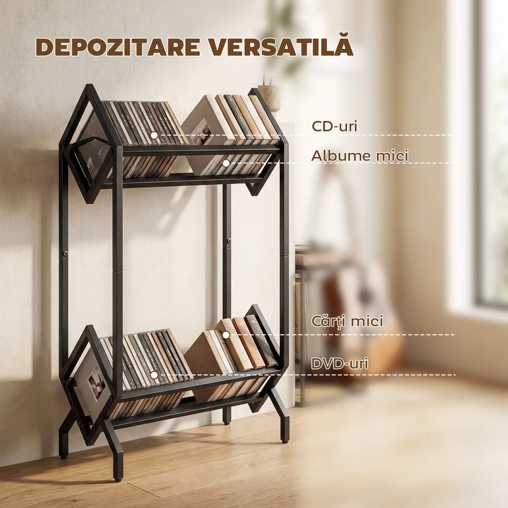 HOMCOM Organizator CD-uri pentru 50 CD-uri, Organizator Viniluri 2 Niveluri din Metal pentru DVD-uri, Cărți, Albume, Negru | Aosom Romania
