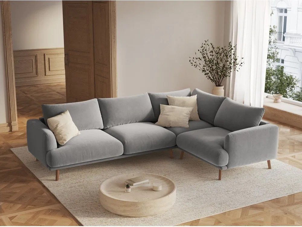 Colțar gri cu tapițerie din catifea (cu colț pe partea dreaptă/în formă de ”L”) Naomi – Micadoni