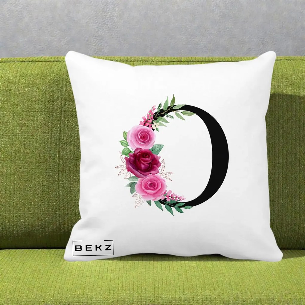 Cadou Personalizat - Perna Personalizata Monograma Florala Litera O, 40x40 cm, Alba Mata, Husa Detasabila, Perna Inclusa, BEKZ®