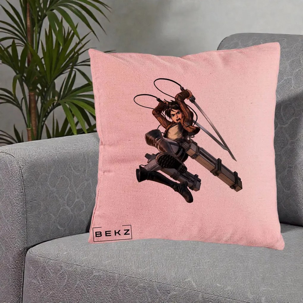 Perna Personalizata Attack on Titan Eren Yeager Lupta, 40x40 cm, Roz, Husa Detasabila, Perna Inclusa, BEKZ®