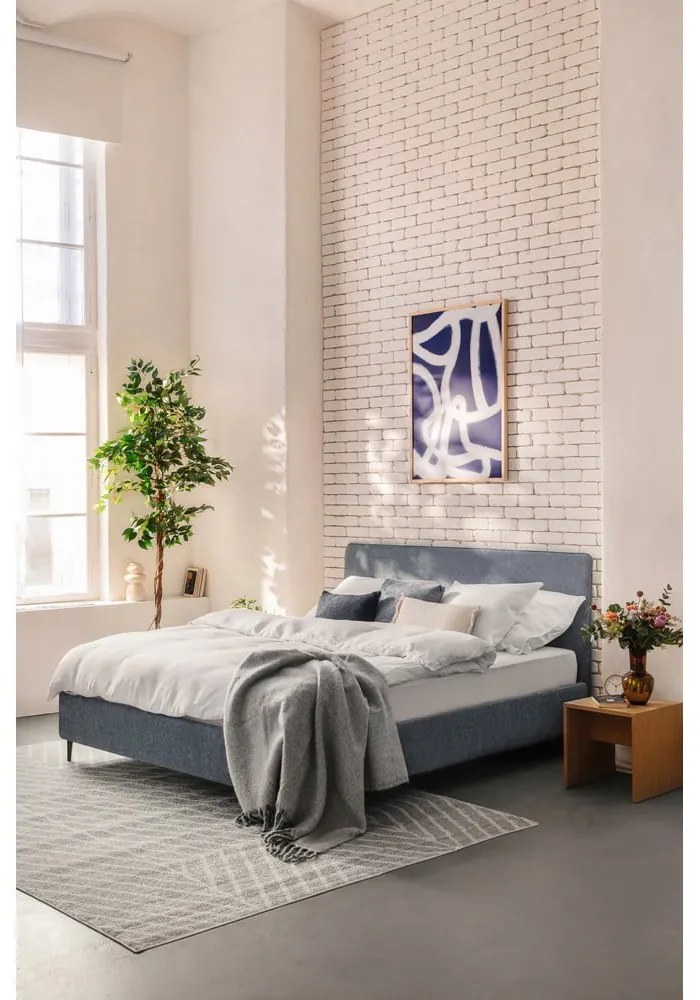Pat dublu tapițat albastru cu saltea și somieră 180x200 cm Noira Slim - Bonami Selection