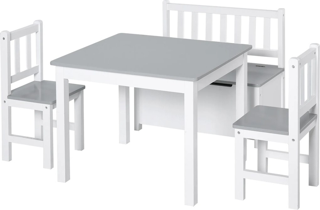 HOMCOM Set Mobilier pentru Copii 4 Piese, Masă, 2 Scaune, Bancă Depozitare, Lemn Multifuncțional, Alb și Gri | Aosom Romania