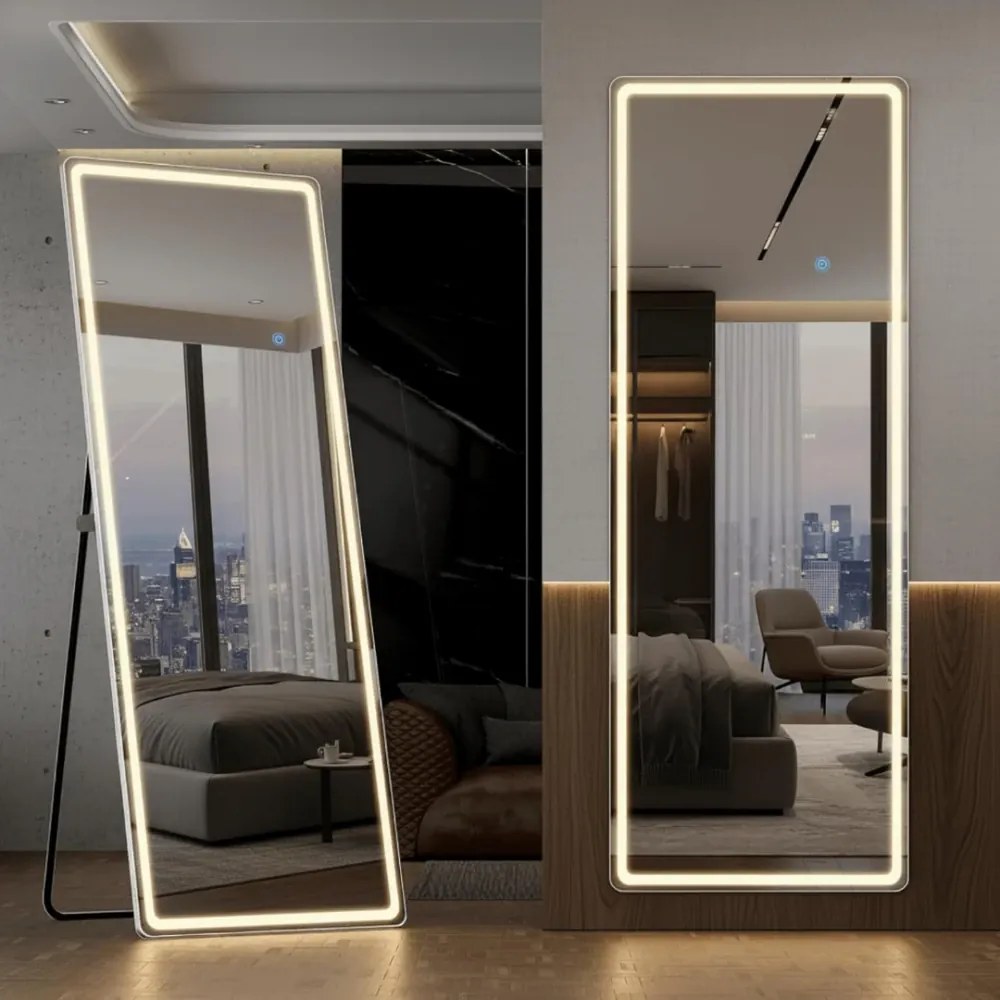 Oglindă LED Dreptunghiulară, 3 tipuri de Culoare, Intensitate reglabilă, Control Touch, Sticlă HD, Cadru Aluminiu, cu Suport, 160x50 cm