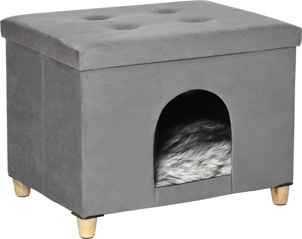 PawHut Taburet pentru Pisici cu Pernă Detașabilă și Lavabilă, Taburet cu Pat și Picioare, 60x45x44.5 cm, Gri | Aosom Romania