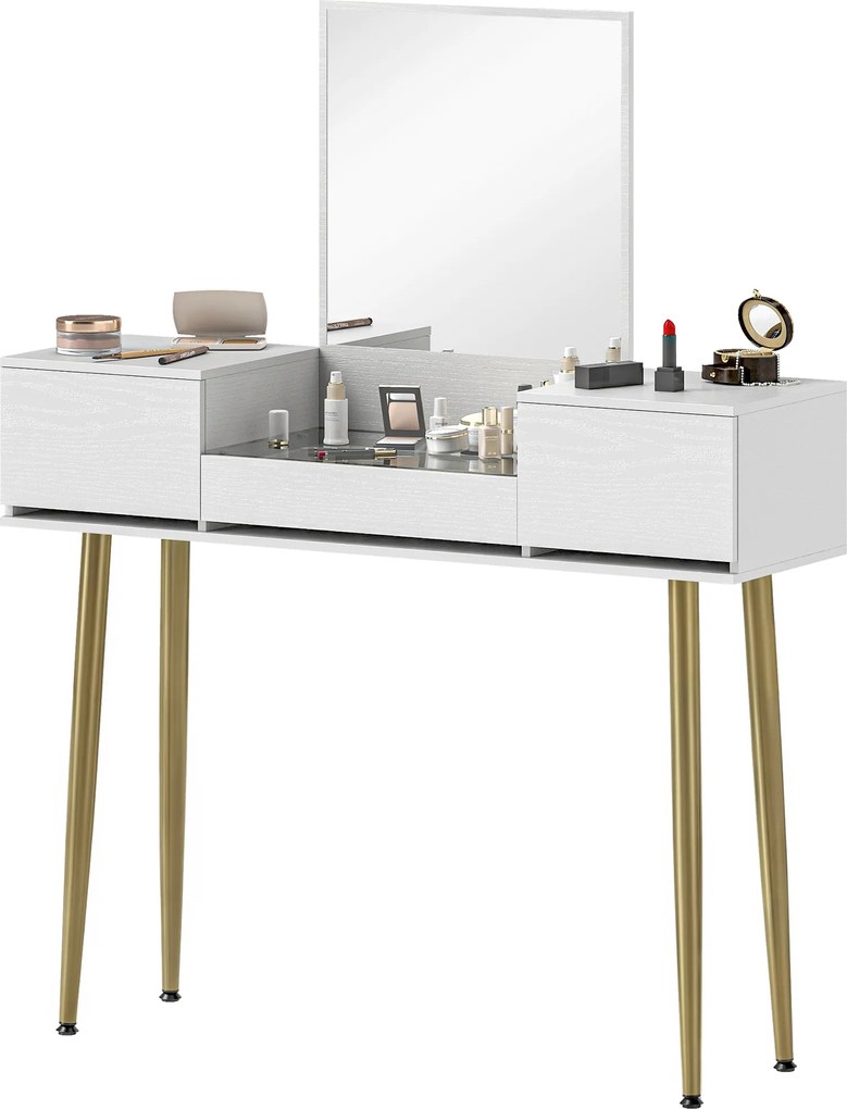 HOMCOM Masă de toaletă elegantă cu oglindă pătrată și sertare organizatoare 105,5x30x130,5 cm Alb și Auriu | Aosom Romania