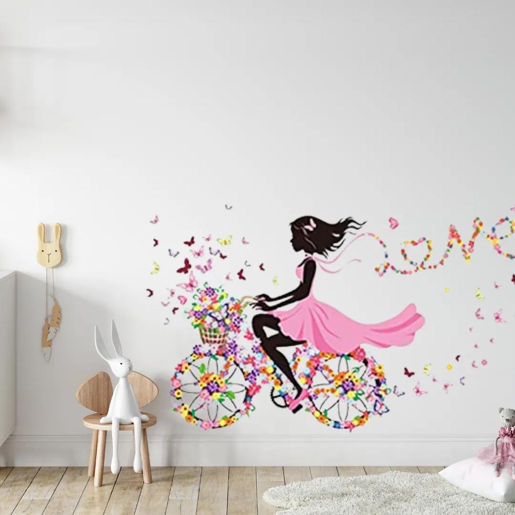 Samolepka na stenu "Dievča s motýľmi na bicykli" 140x70 cm