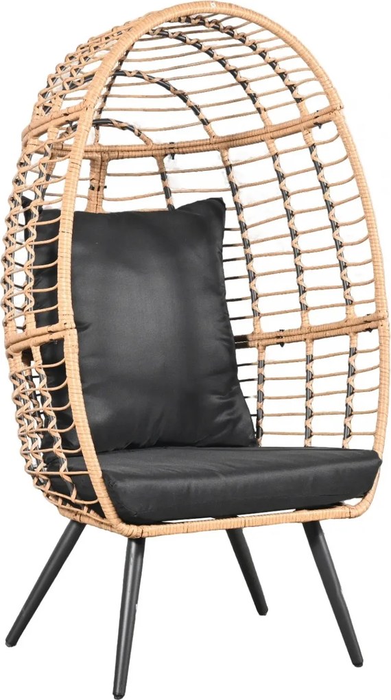 Scaun tip ou din ratan PE pentru grădină sau terasă, cu pernă groasă, material impermeabil, 74x83x146 cm, Negru/Bej