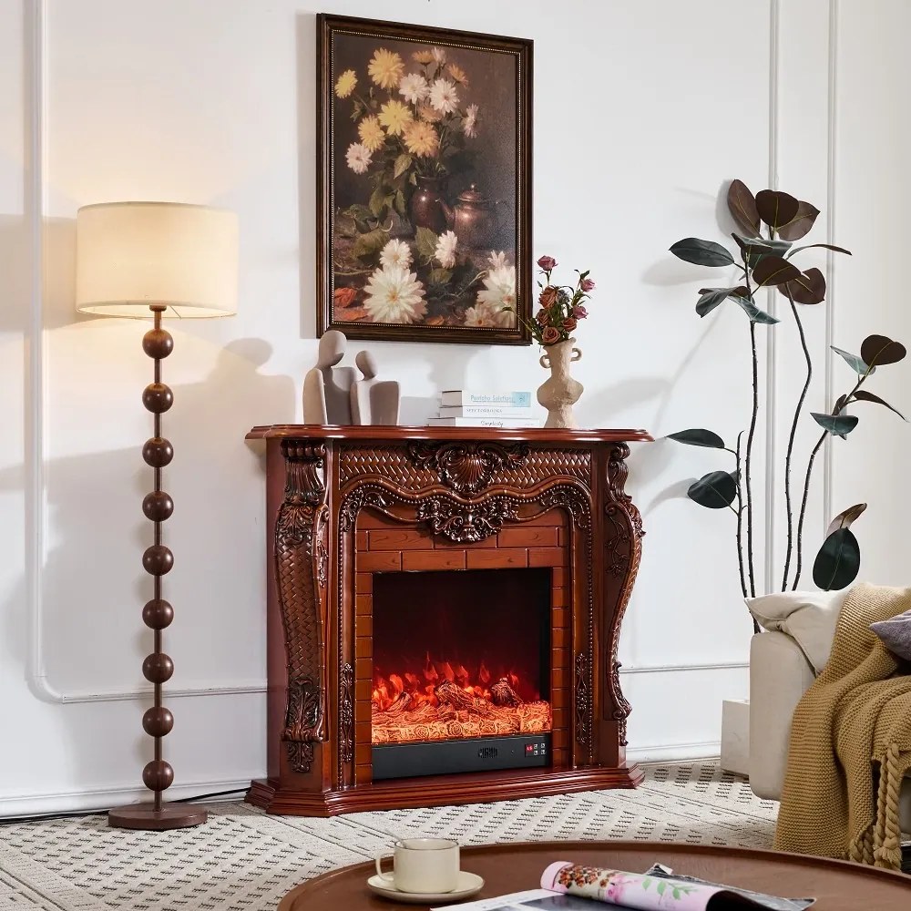 Șemineu electric cu efect LED realist cu 12 culori, Comodă TV, design elegant, control vocal și telecomandă, fără încălzire, 120 cm, Maro
