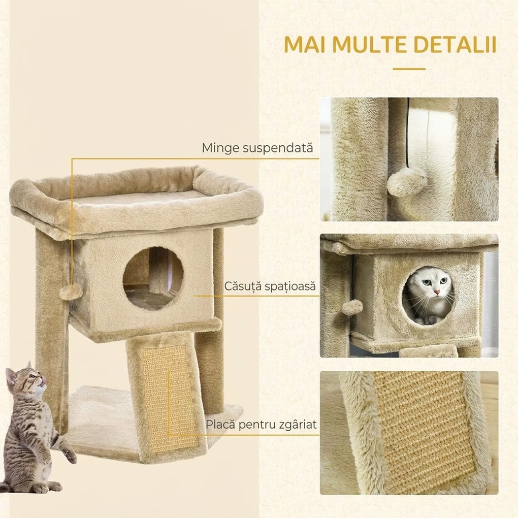 PawHut Copac de Zgâriat pentru Pisici din Pluș, cu Căsuță, Pătuț și Bilă, 40x40x57 cm, Maro | Aosom Romania