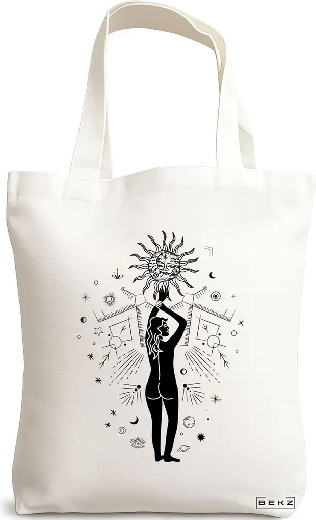 Sacosa de Panza pentru Cumparaturi, Geanta Tote, model Conexiune Solara, 38x34.5 cm, Alba, BEKZ®