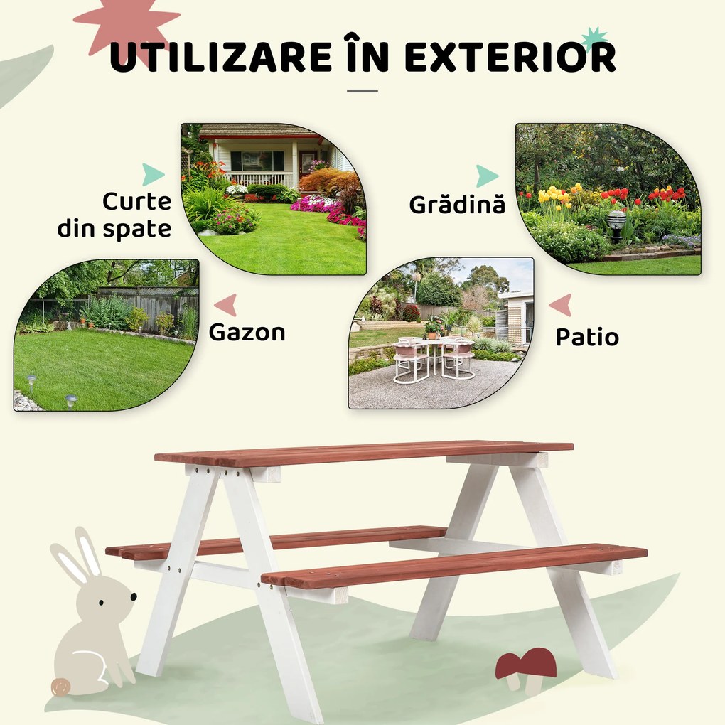 Outsunny Set Masă de Picnic pentru Copii, Masă și Băncuțe din Lemn, Mobilier de Grădină pentru Copii, Jocuri de Exterior, Vârsta 3-8 Ani, Maro | Aosom Romania