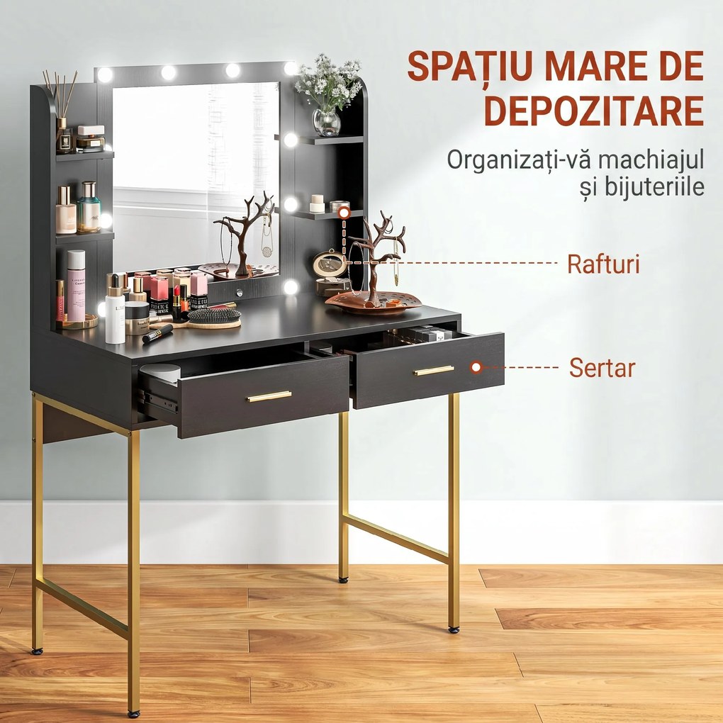 HOMCOM Masă de Machiaj cu Oglindă, 10 Becuri și Taburet Căptușit, 90x45x132,5 cm, Negru | Aosom Romania