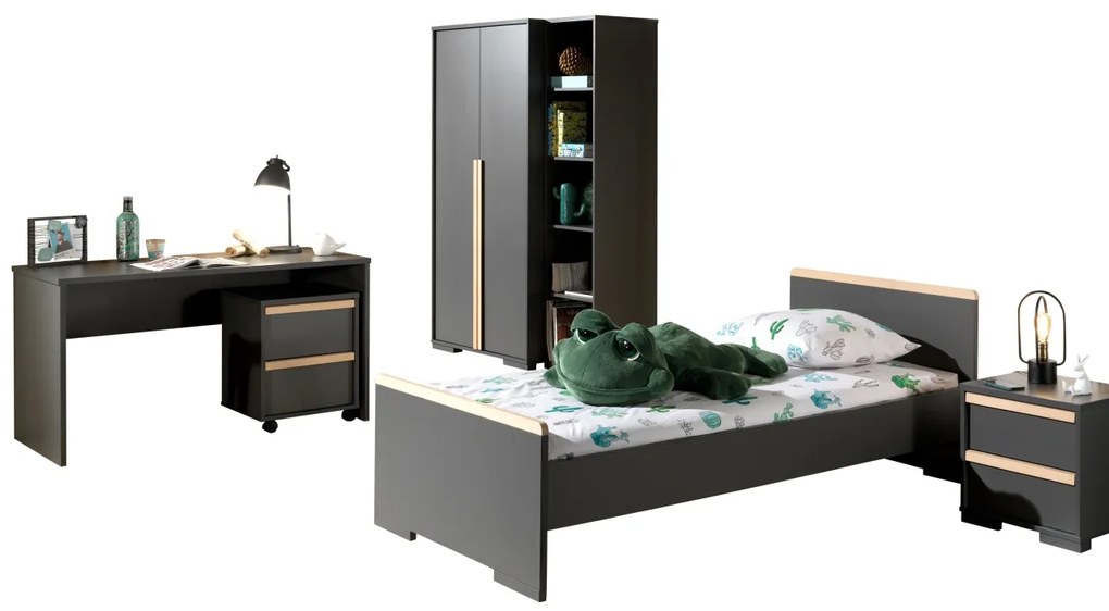 Set mobilier copii LONDON, pat 90x200 cm cu sertar depozitare / pat suplimentar + noptieră 2 sertare soft‑close + dulap 2 uși cu rafturi și bară +