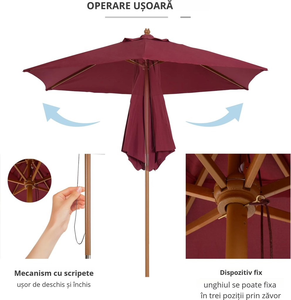 Outsunny Umbrelă de Soare din Lemn, Protecție UV, Φ2.5m, Culoare Bordo | Aosom Romania