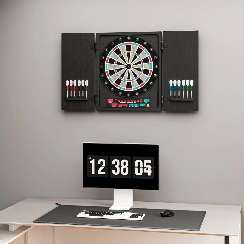 HOMCOM Tabla de Darts Electronică Profesională cu 6 Display-uri, 12 Săgeți, 27 Moduri de Joc, 51x6.5x57cm, Negru | Aosom Romania