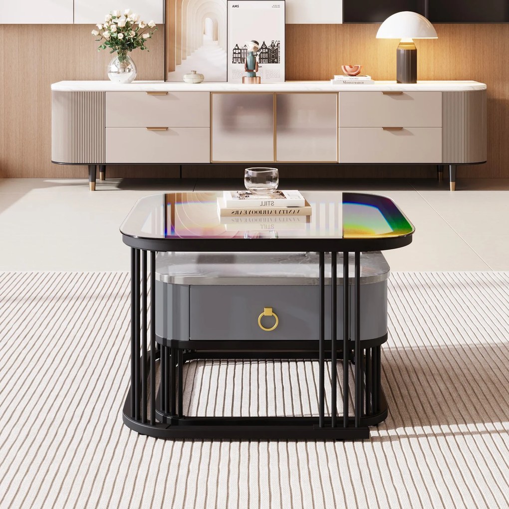 Set de 2 Măsuțe de Cafea Suprapozabile cu Blat din Marmură Lucioasă și Sticlă, Structură din Metal și Sertare, 60x60x42 cm + 50x50x34 cm, Negru