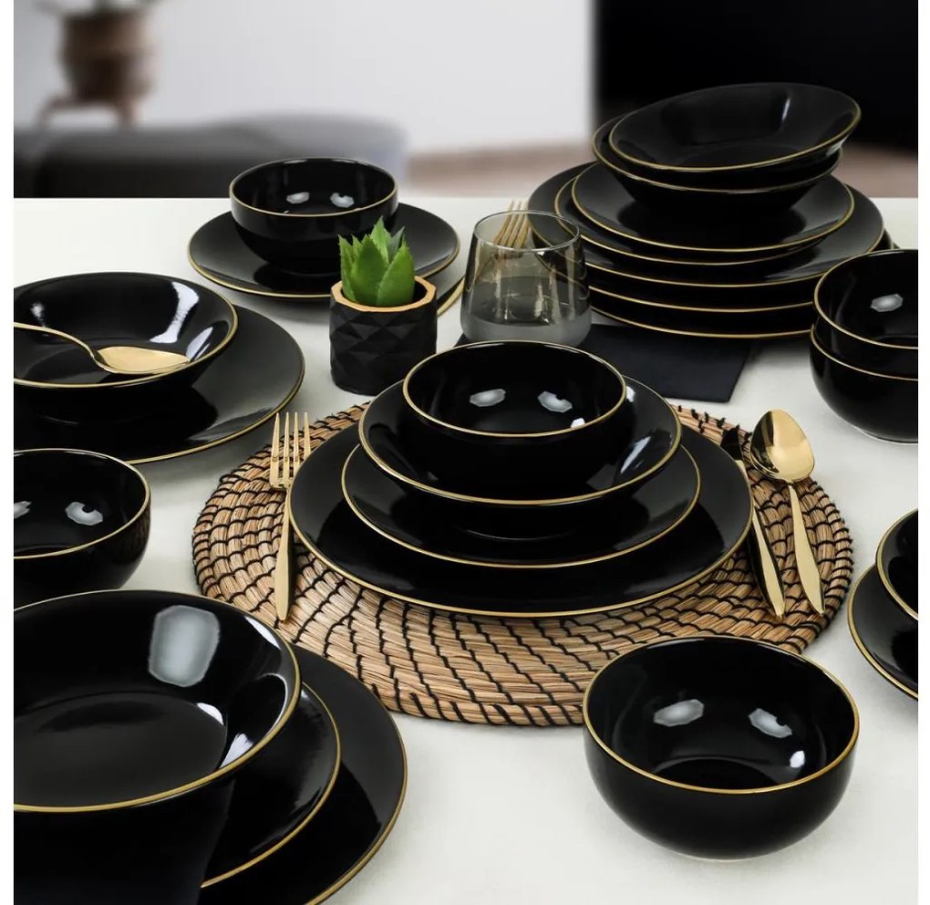 Set de masă, 24 piese, negru/auriu, din ceramică de tip stoneware