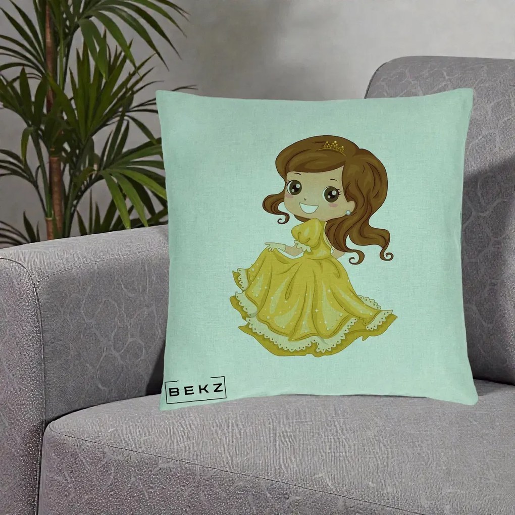 Perna Decorativa Printesa Bella Rochie Aurie, 40x40 cm, Verde Menta, Husa Detasabila, Perna Inclusa, BEKZ®