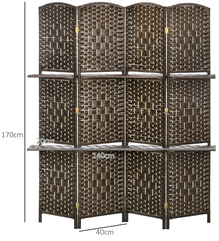 HOMCOM Paravan separator de cameră 4 panouri 160 x170 cm cu 2 rafturi, pliabil, din lemn | Aosom Romania