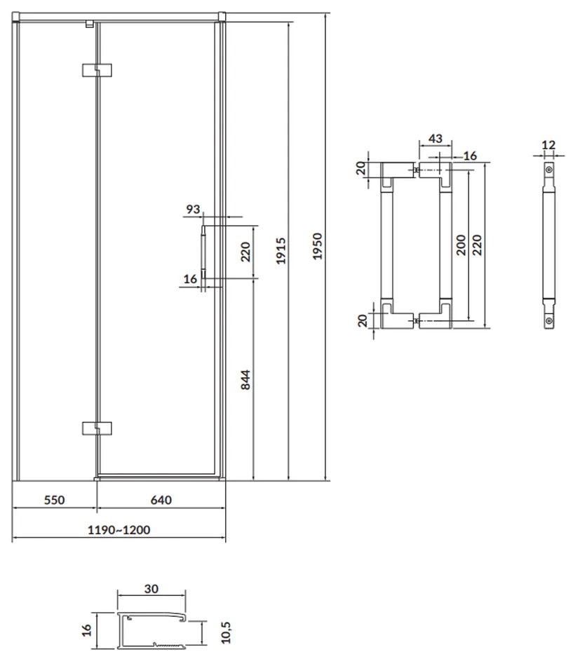 Usa sticla dus batanta 120x195 cm profil negru Cersanit Larga, montare stanga 1200x1950 mm, Stanga, Negru mat