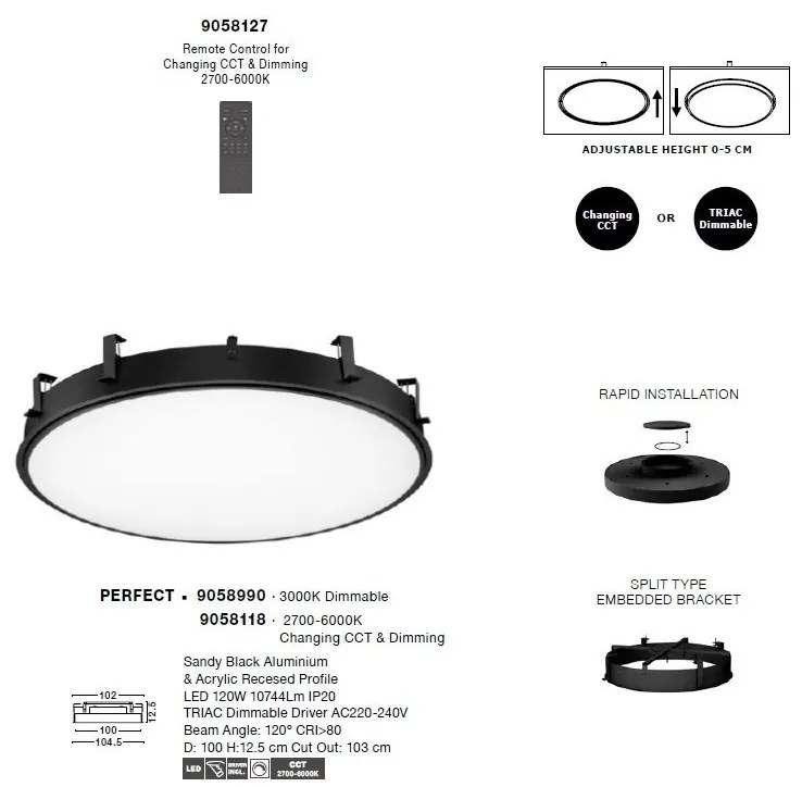 Plafoniera LED incastrabila reglabila PERFECT 100cm negru 3000K Dimmable