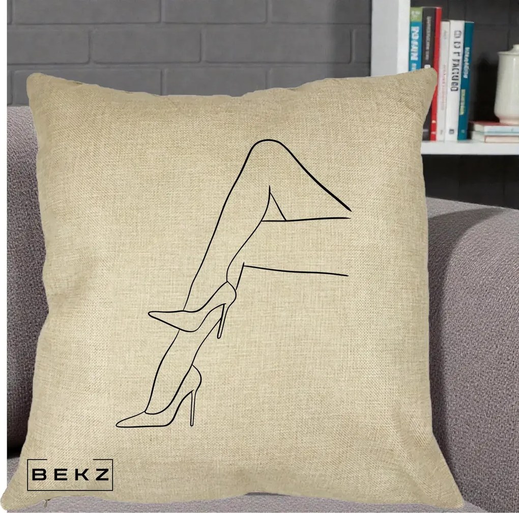 Perna Decorativa Picioare cu Tocuri Line Art, 40x40 cm, Crem, Husa Detasabila, Perna Inclusa, BEKZ®