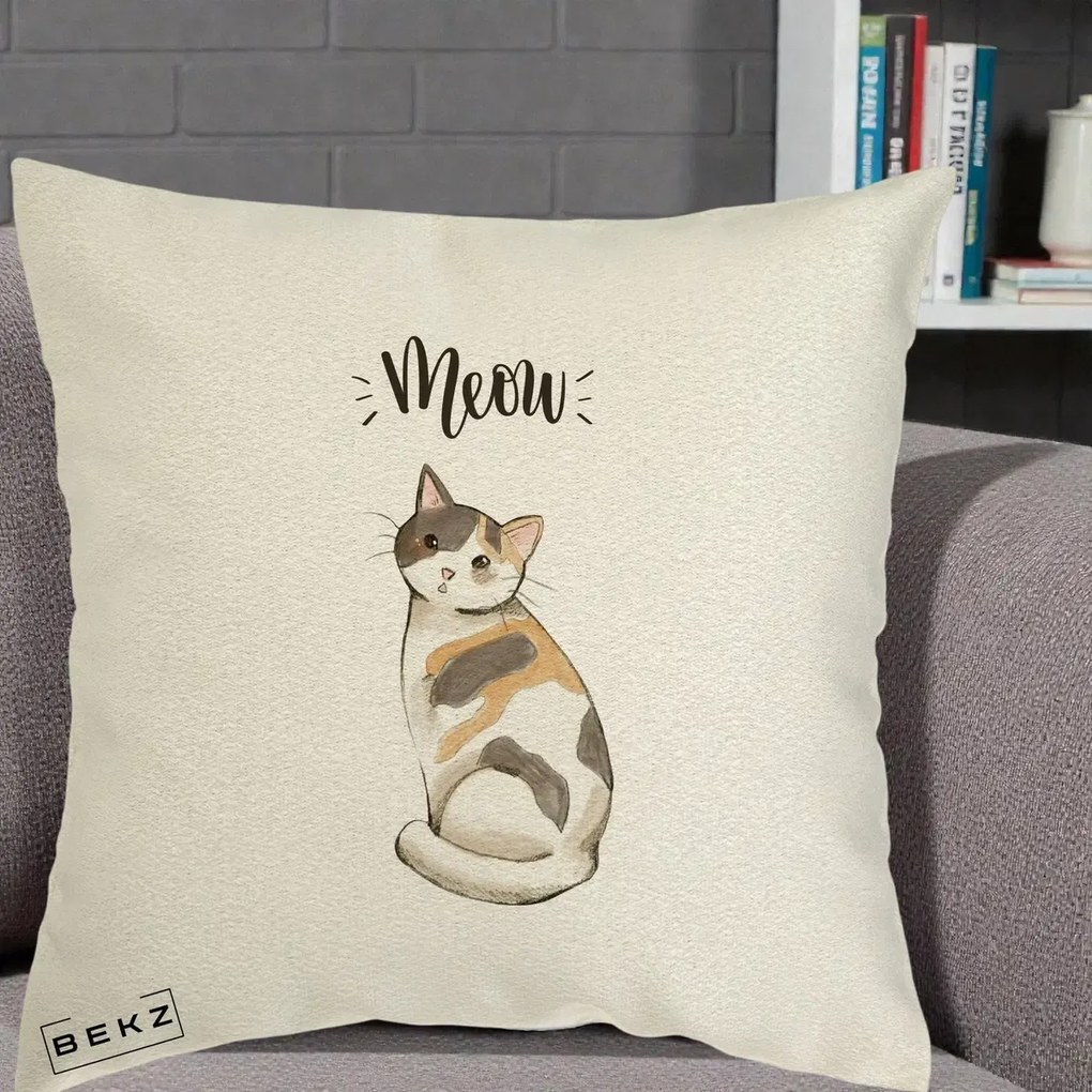 Perna Personalizata Pisica Meow Acuarela, 40x40 cm, Ecru, Husa Detasabila, Perna Inclusa, BEKZ®