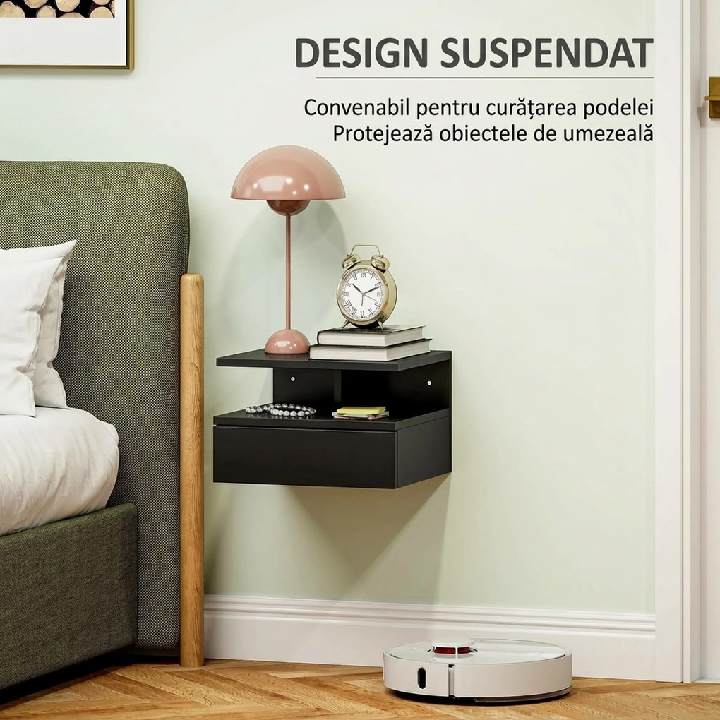 HOMCOM Noptieră Suspendată cu Sertar și Raft Superior din Lemn, 35x32x22,5 cm, Negru | Aosom Romania