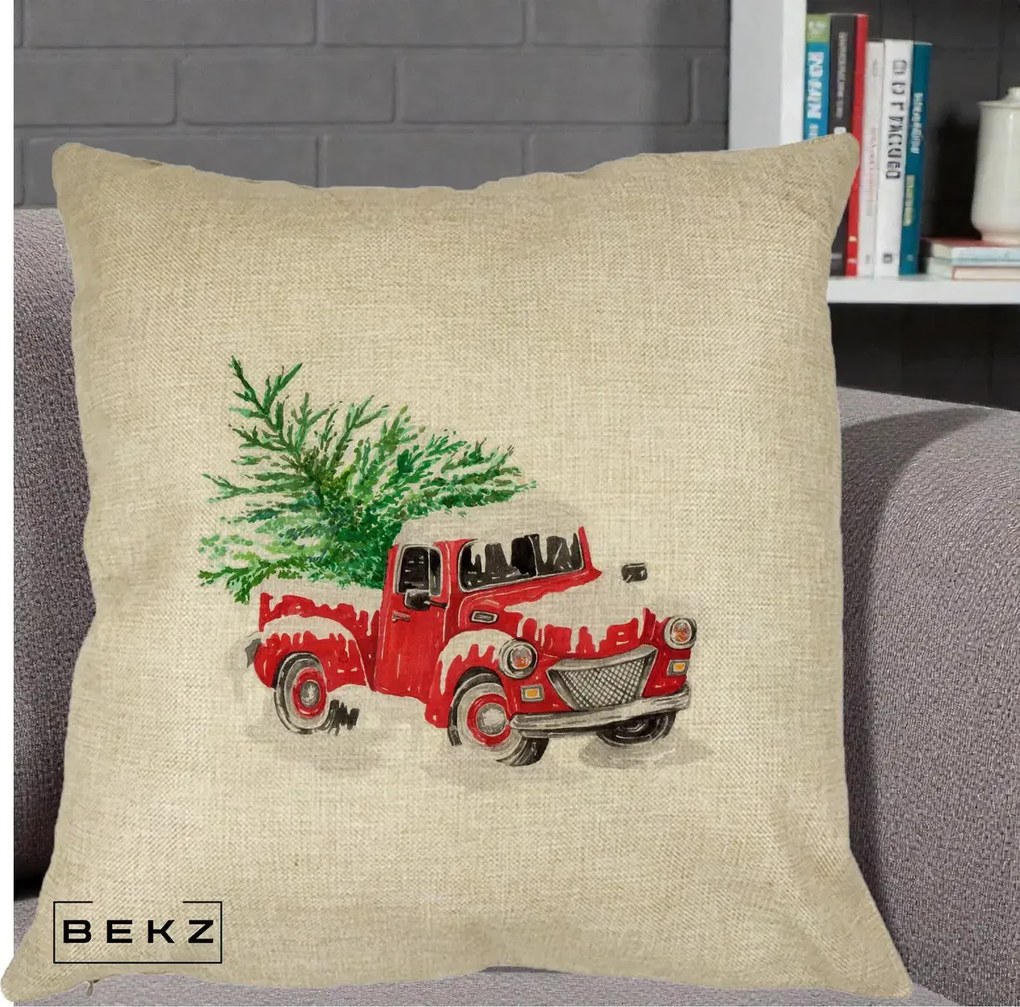 Perna Decorativa Camioneta Rosie Brad de Craciun, 40x40 cm, Crem, Husa Detasabila, Perna Inclusa, BEKZ®