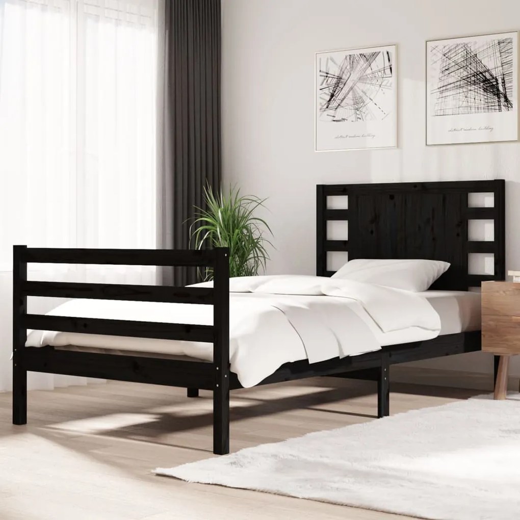 Cadru de pat Small Single 2FT6, negru, 75x190 cm lemn masiv pin Negru, 75 x 190 cm