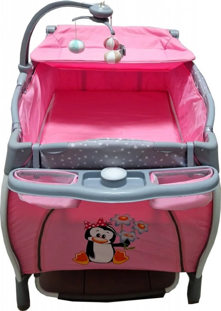 Patut Pliabil rotund cu balansoar, Tarc copii Baby Care™ PRO FRW, 2 Niveluri de inaltime, Cu melodii si Masa infasat, Carusel cu jucarii din plus,