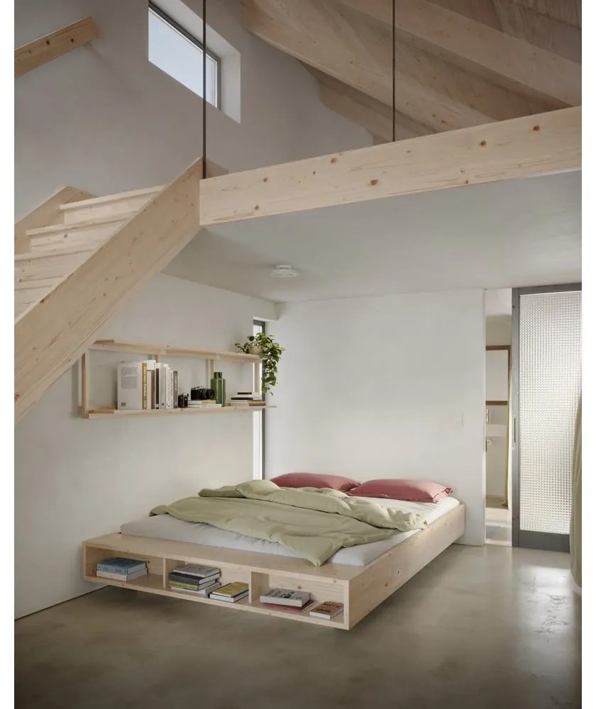 Pat matrimonial în culoare naturală din lemn de pin cu somieră 140x200 cm Merge – Karup Design