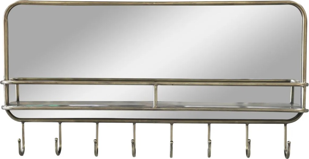 Oglindă cu raft și 8 agățători, din metal și sticlă, finisaj alamă antichizată, H 44.5 cm