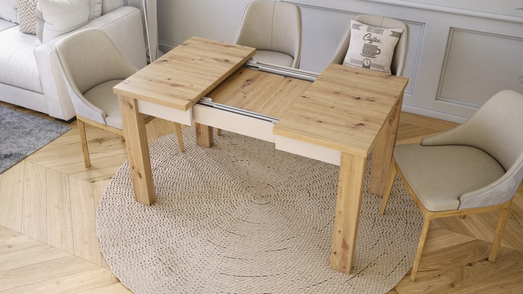 Mazzoni FONTE Stejar Artisan / Bej (Șampanie) - MASĂ CLASICĂ DE BUCĂTĂRIE/LIVING EXTENSIBILĂ PÂNĂ LA 130 cm!