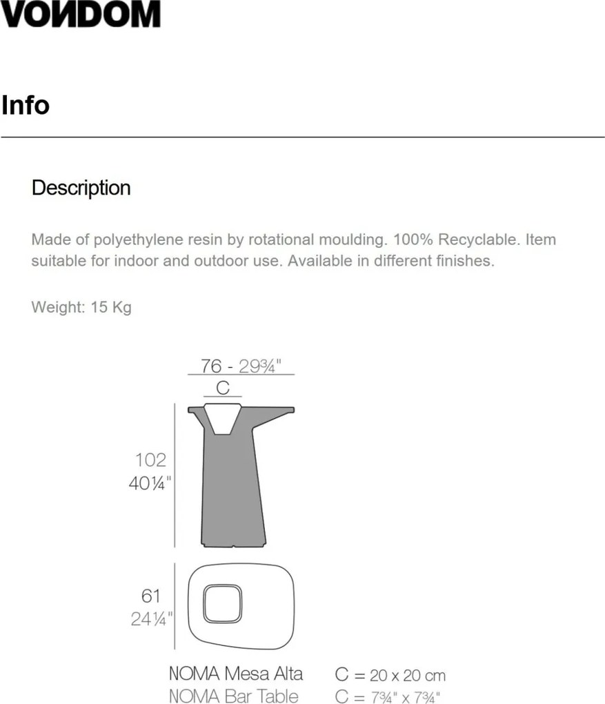 Masa de bar exterior / interior design modern premium MOMA BAR TABLE 45075A Vondom