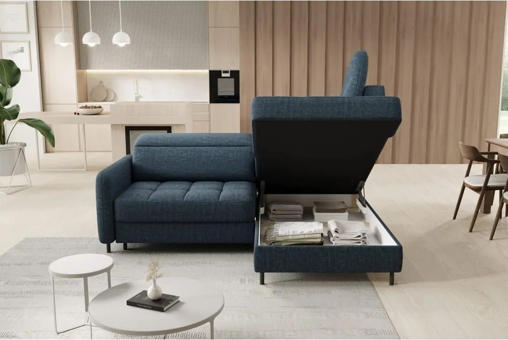 Colțar albastru extensibil/cu spațiu de depozitare cu tapițerie din catifea (cu colț pe partea dreaptă/în formă de ”L”) Barea – ELTAP