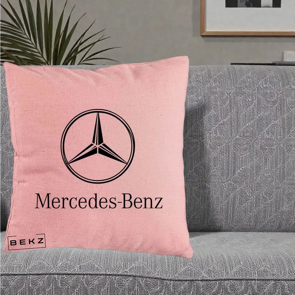 Perna Personalizata cu emblema Mercedes-Benz, 40x40 cm, Roz, Husa Detasabila, Perna Inclusa, BEKZ®