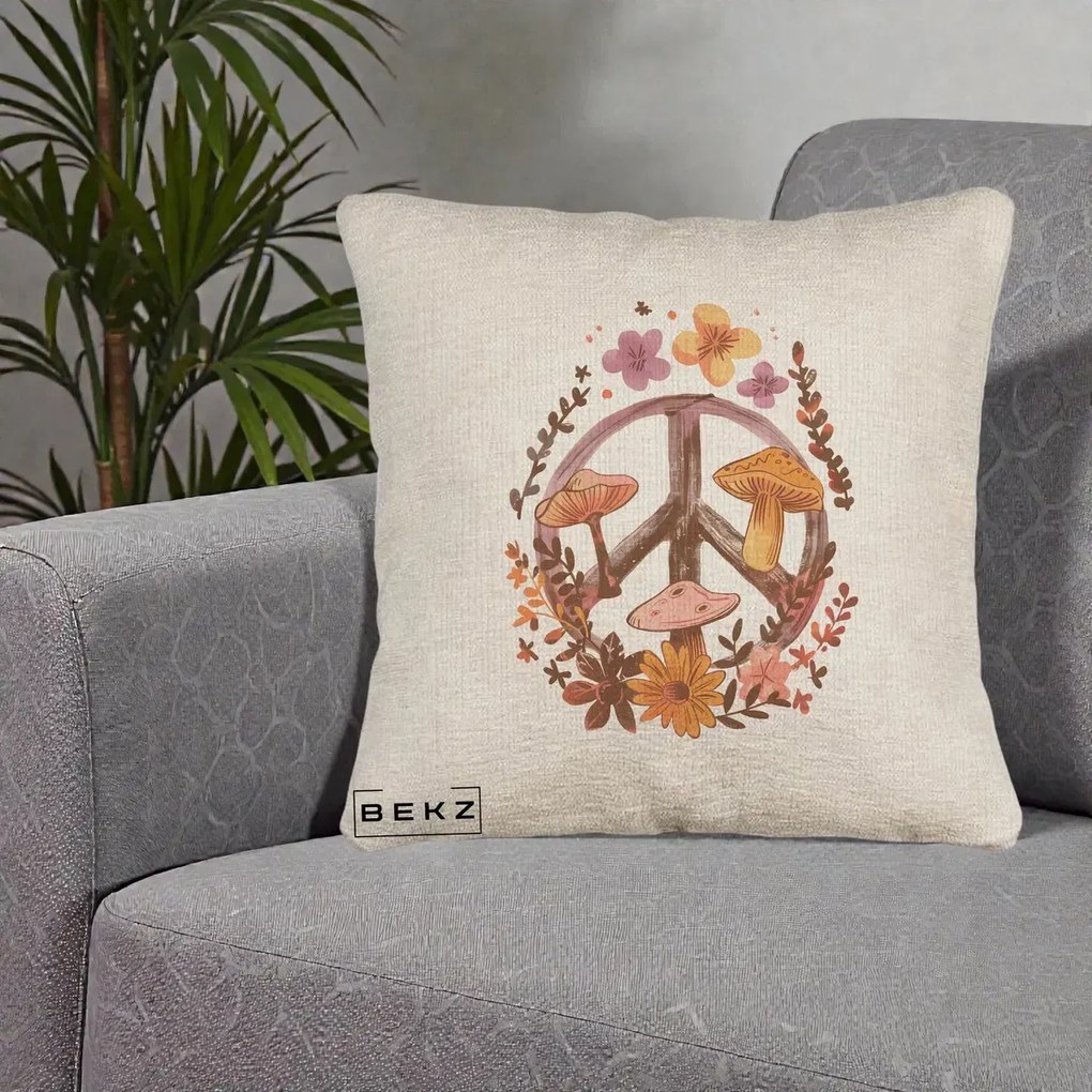 Perna Decorativa Peace Sign Ciuperci Floral, 40x40 cm, Bej Canapea, Husa Detasabila, Perna Inclusa, BEKZ®