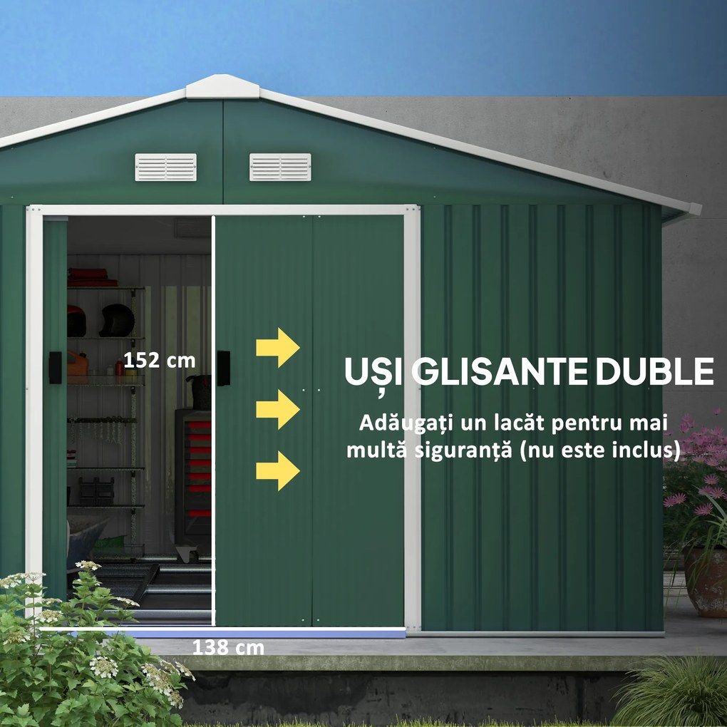 Outsunny Magazie pentru Unelte din Oțel Galvanizat, Magazie pentru Organizare și Depozitare 3.4x3.86x2 m, Verde | Aosom Romania