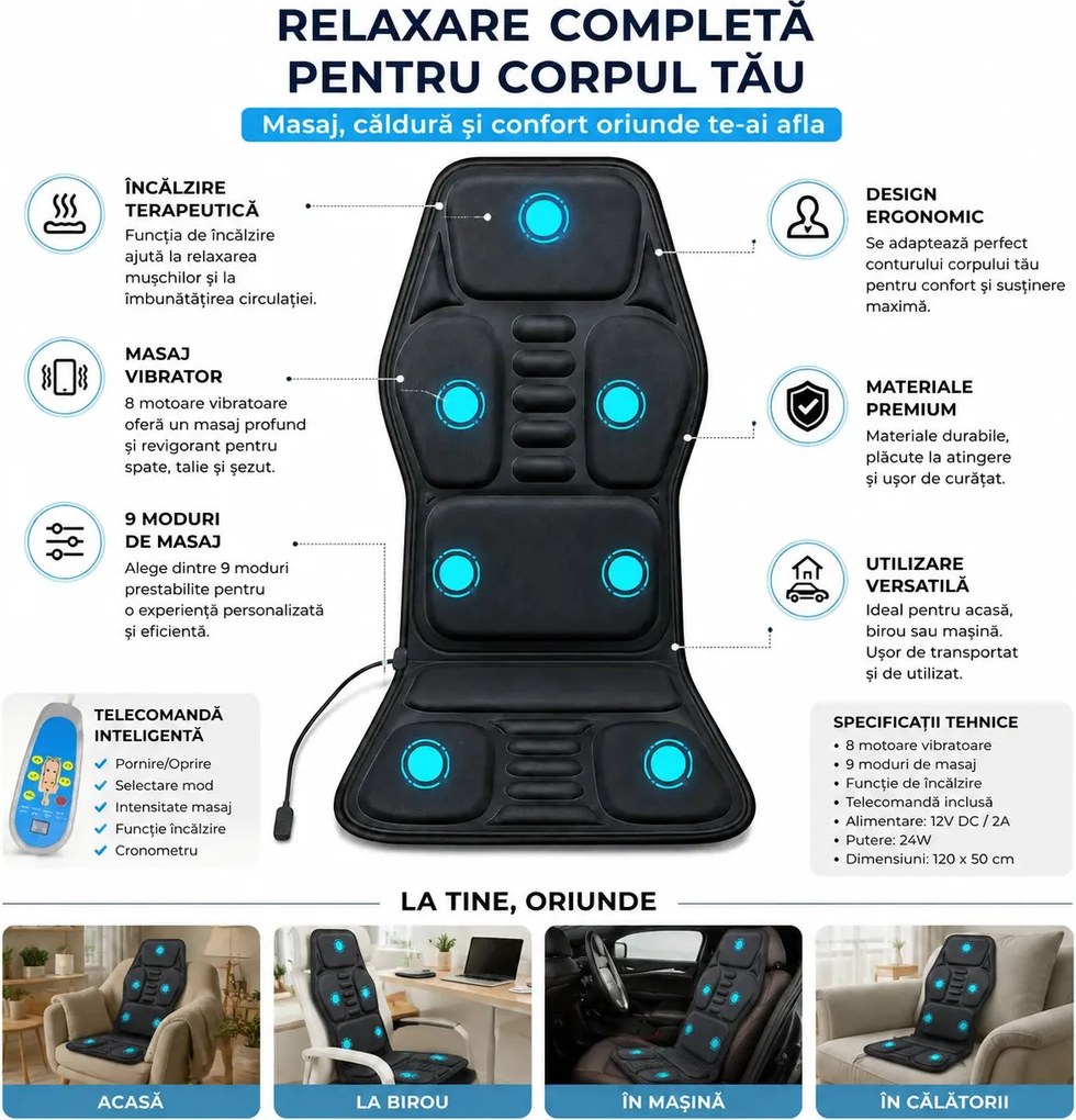 Saltea masaj scaun cu vibratii si incalzire, 9 noduri, spate si coapse, Gri