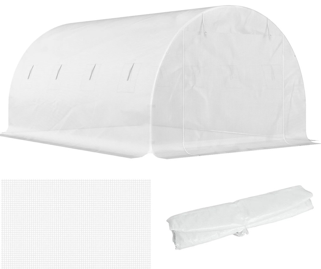 Outsunny Sera din PE cu 8 Ferestre, Ușă Enrolabilă și Margini Îngropate, 4x3x2 m, Albă | Aosom Romania