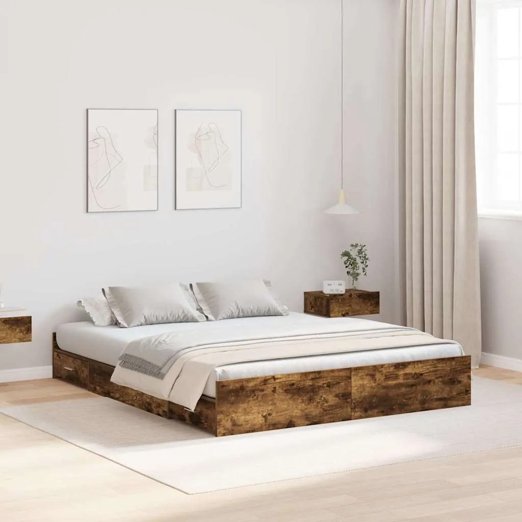 vidaXL Cadru de pat cu depozitare cu sertar Stejar afumat 140 x 200 cm