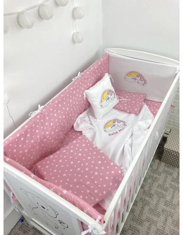 Lenjerie de patut bebelusi Personalizata Imprimata pat 140x70 cm Steluțe pe roz Unicorn cu curcubeu