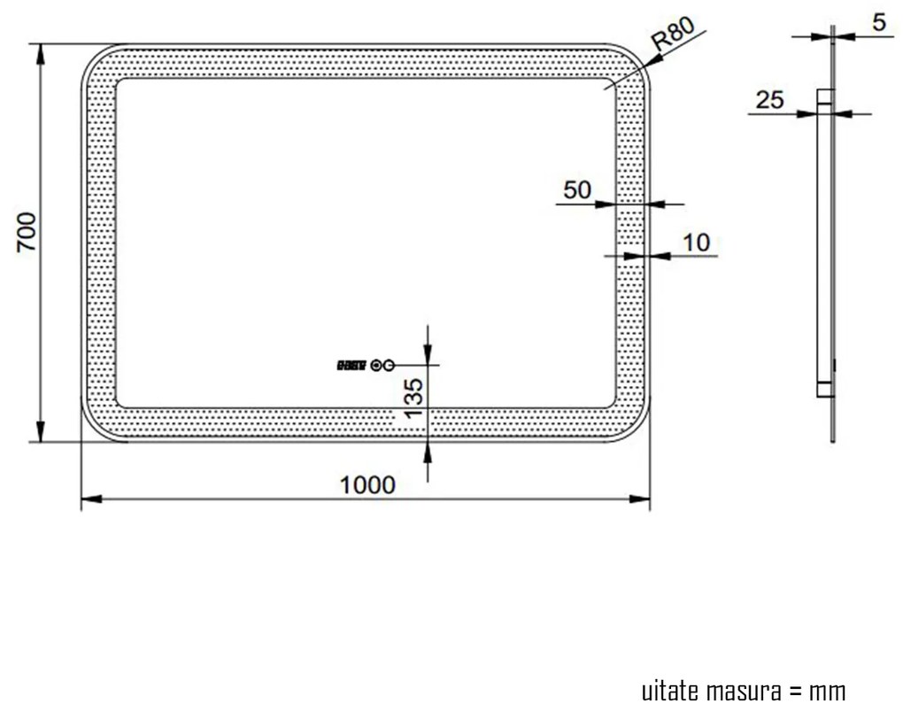 Oglinda baie, sistem iluminare LED, IP44, 100x70cm, D4230, Dezaburire, Touch, Ceas