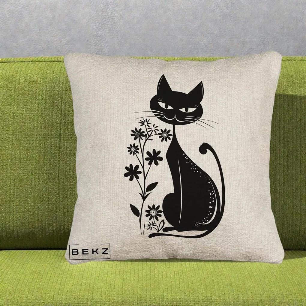 Perna decorativa Pisica Neagra Grafica Minimalista, 40x40 cm cu Umplutura, Bej Canapea, BEKZ