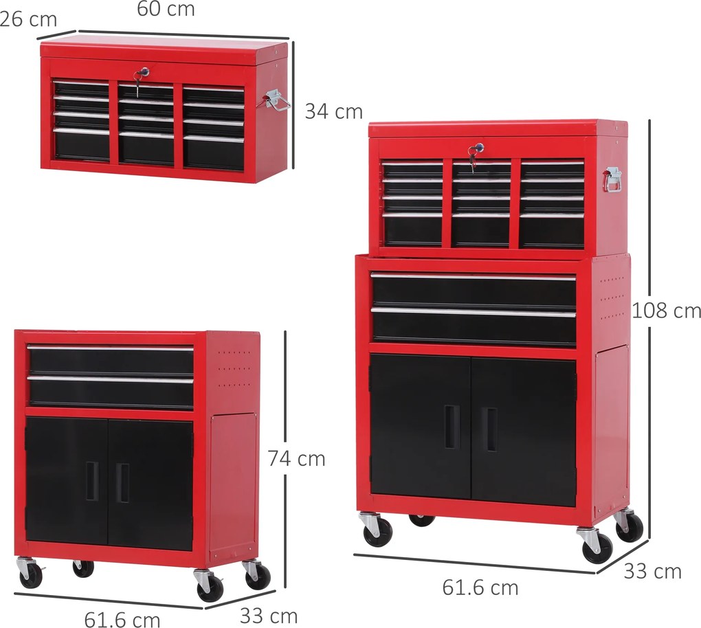 HOMCOM Cutie pentru Unelte pe Roți cu 6 Sertare, 2 în 1, Dulap Spațios cu Încuietoare, Metal, Roșu | Aosom Romania