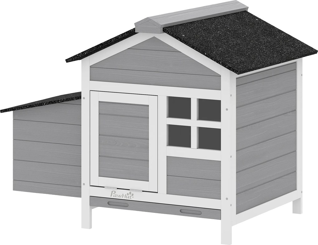 PawHut Coteț din lemn, acoperiș din asfalt și cuibar adăpost pentru 4 găini cu fereastră din acril 92 x 64 x 69 cm gri | Aosom Romania